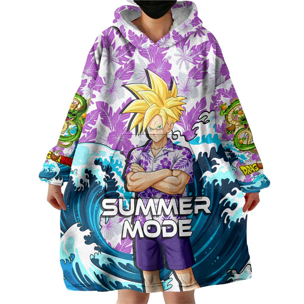 Gohan Dragon Ball Summer Theme Wearable Blanket Hoodie with Tropical Floral Shirt Shenron and Ocean Wave Background - The Mazicc