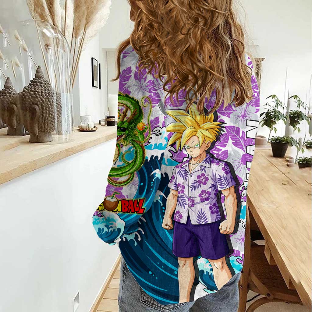 Gohan Dragon Ball Summer Theme Women Casual Shirt with Tropical Floral Shirt Shenron and Ocean Wave Background - The Mazicc