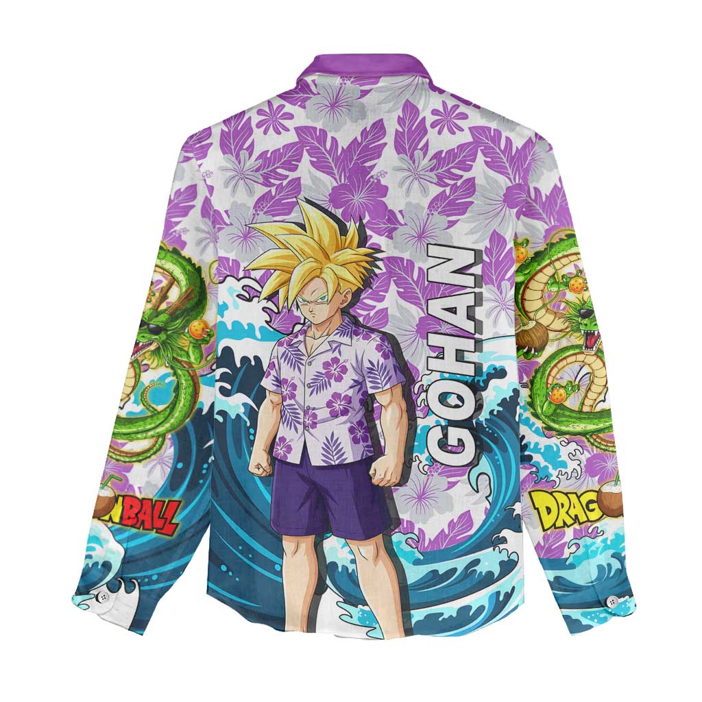 Gohan Dragon Ball Summer Theme Women Casual Shirt with Tropical Floral Shirt Shenron and Ocean Wave Background - The Mazicc