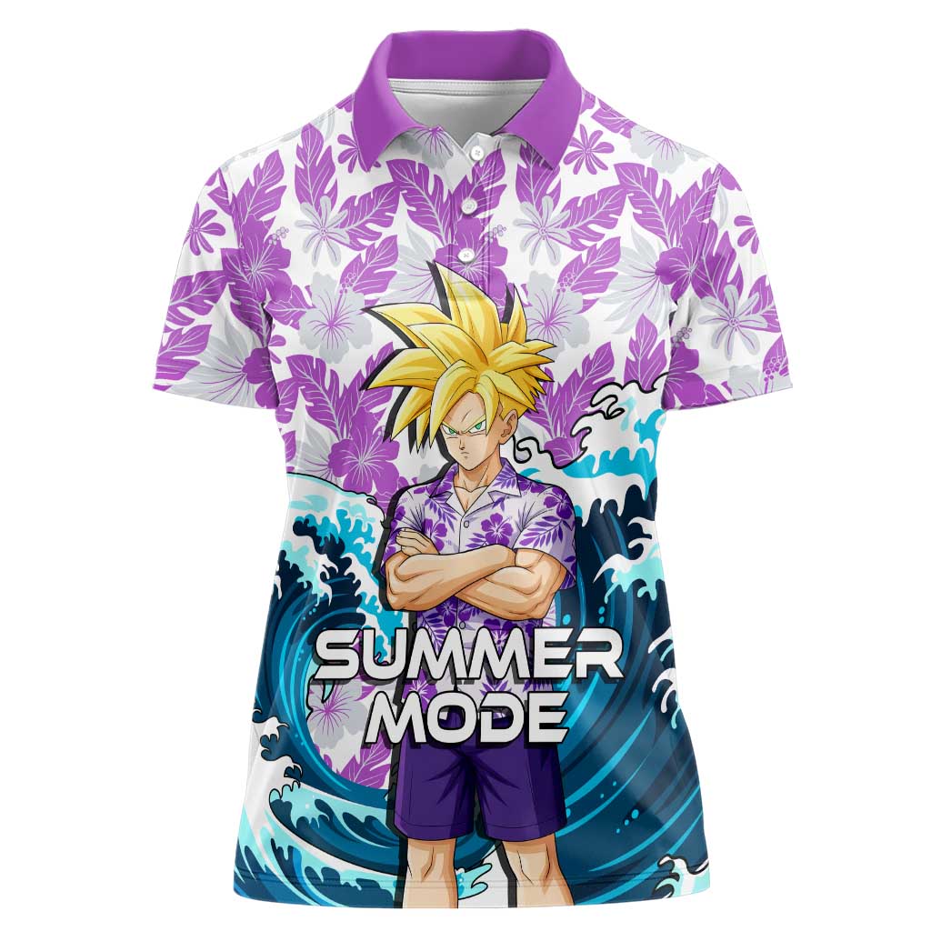 Gohan Dragon Ball Summer Theme Women Polo Shirt with Tropical Floral Shirt Shenron and Ocean Wave Background - The Mazicc