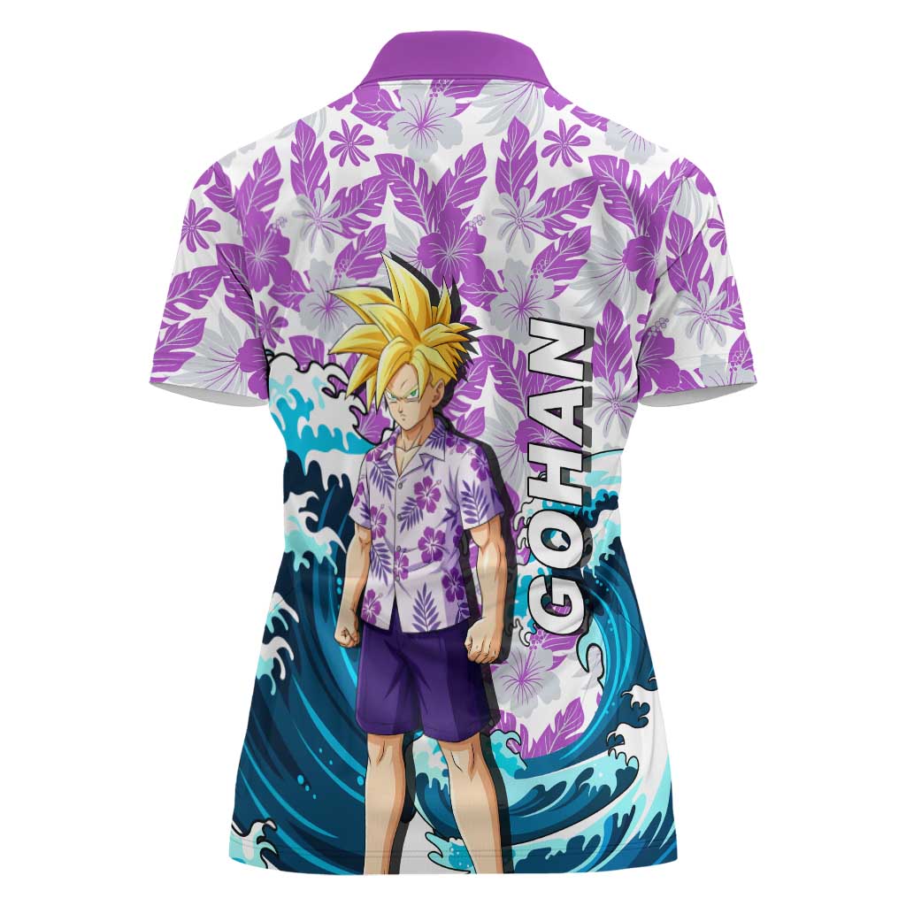 Gohan Dragon Ball Summer Theme Women Polo Shirt with Tropical Floral Shirt Shenron and Ocean Wave Background - The Mazicc