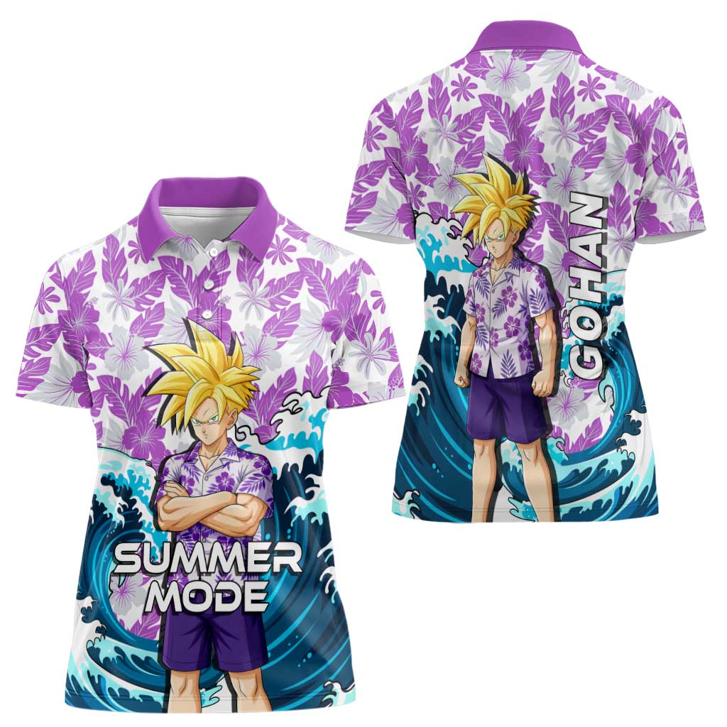 Gohan Dragon Ball Summer Theme Women Polo Shirt with Tropical Floral Shirt Shenron and Ocean Wave Background - The Mazicc