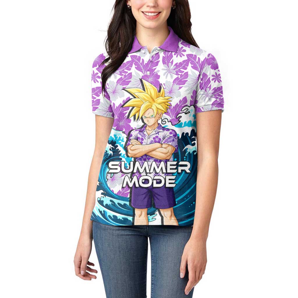 Gohan Dragon Ball Summer Theme Women Polo Shirt with Tropical Floral Shirt Shenron and Ocean Wave Background - The Mazicc