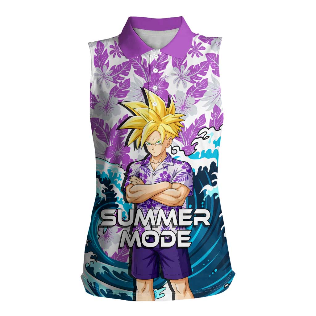 Gohan Dragon Ball Summer Theme Women Sleeveless Polo Shirt with Tropical Floral Shirt Shenron and Ocean Wave Background - The Mazicc