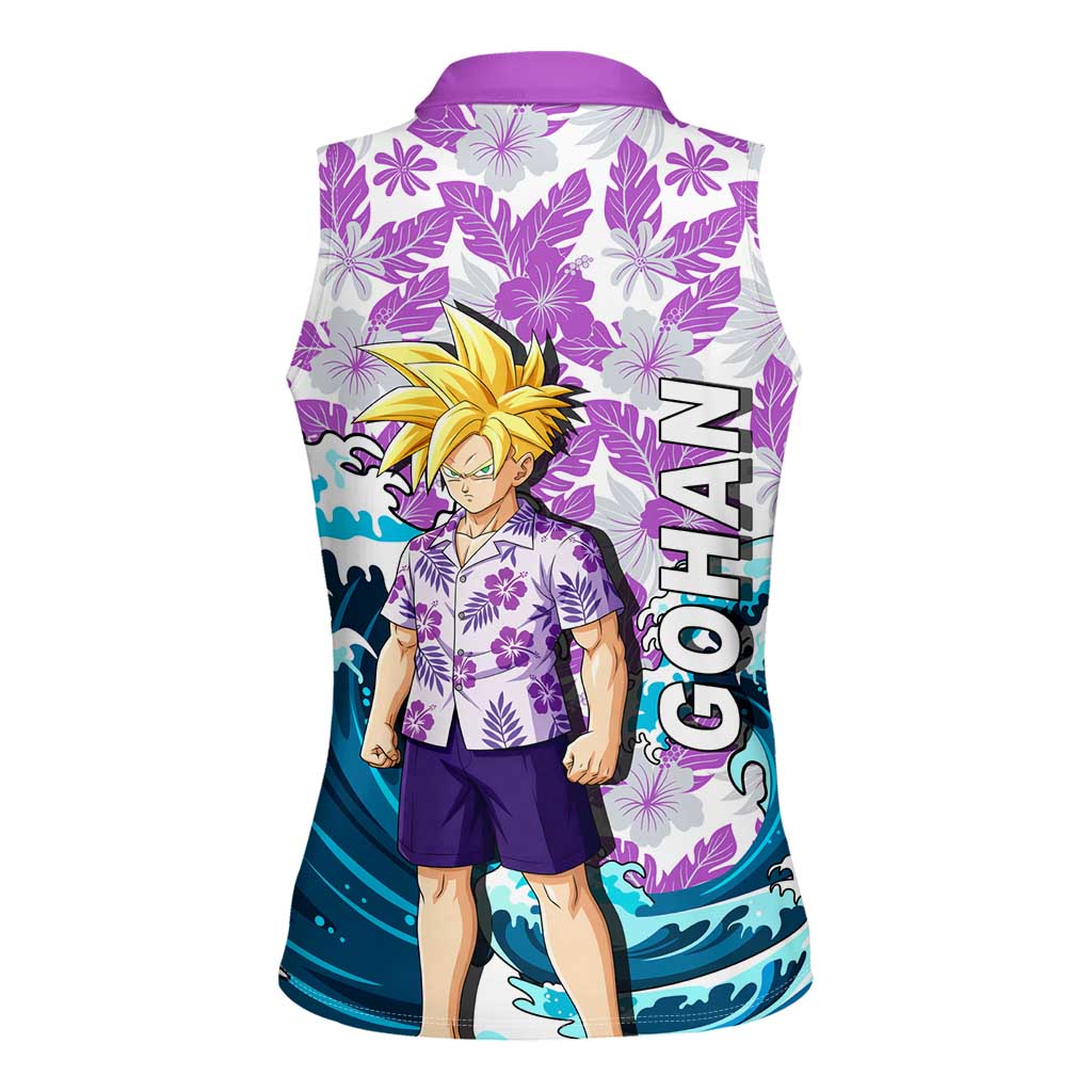 Gohan Dragon Ball Summer Theme Women Sleeveless Polo Shirt with Tropical Floral Shirt Shenron and Ocean Wave Background - The Mazicc