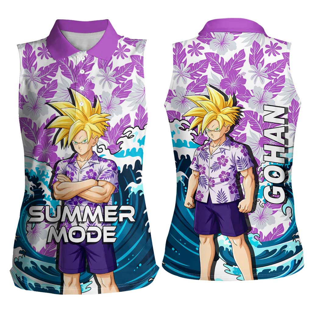 Gohan Dragon Ball Summer Theme Women Sleeveless Polo Shirt with Tropical Floral Shirt Shenron and Ocean Wave Background - The Mazicc