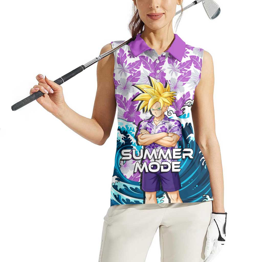 Gohan Dragon Ball Summer Theme Women Sleeveless Polo Shirt with Tropical Floral Shirt Shenron and Ocean Wave Background - The Mazicc