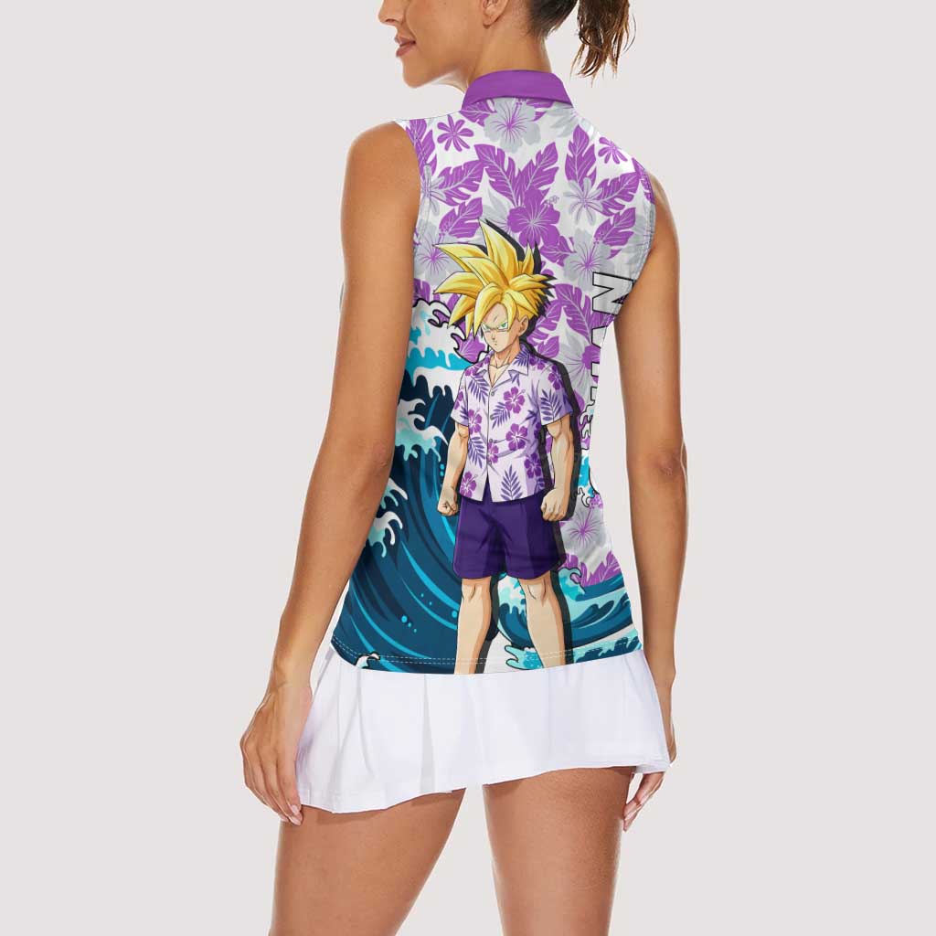 Gohan Dragon Ball Summer Theme Women Sleeveless Polo Shirt with Tropical Floral Shirt Shenron and Ocean Wave Background - The Mazicc
