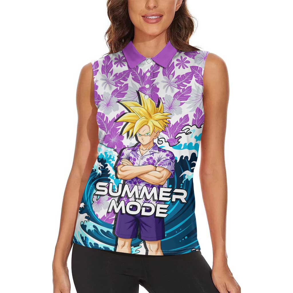 Gohan Dragon Ball Summer Theme Women Sleeveless Polo Shirt with Tropical Floral Shirt Shenron and Ocean Wave Background - The Mazicc