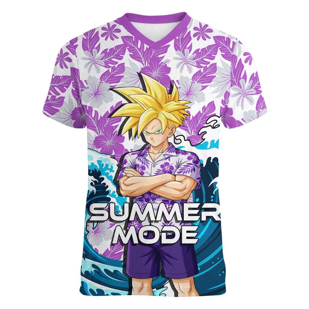 Gohan Dragon Ball Summer Theme Women V-Neck T-Shirt with Tropical Floral Shirt Shenron and Ocean Wave Background - The Mazicc