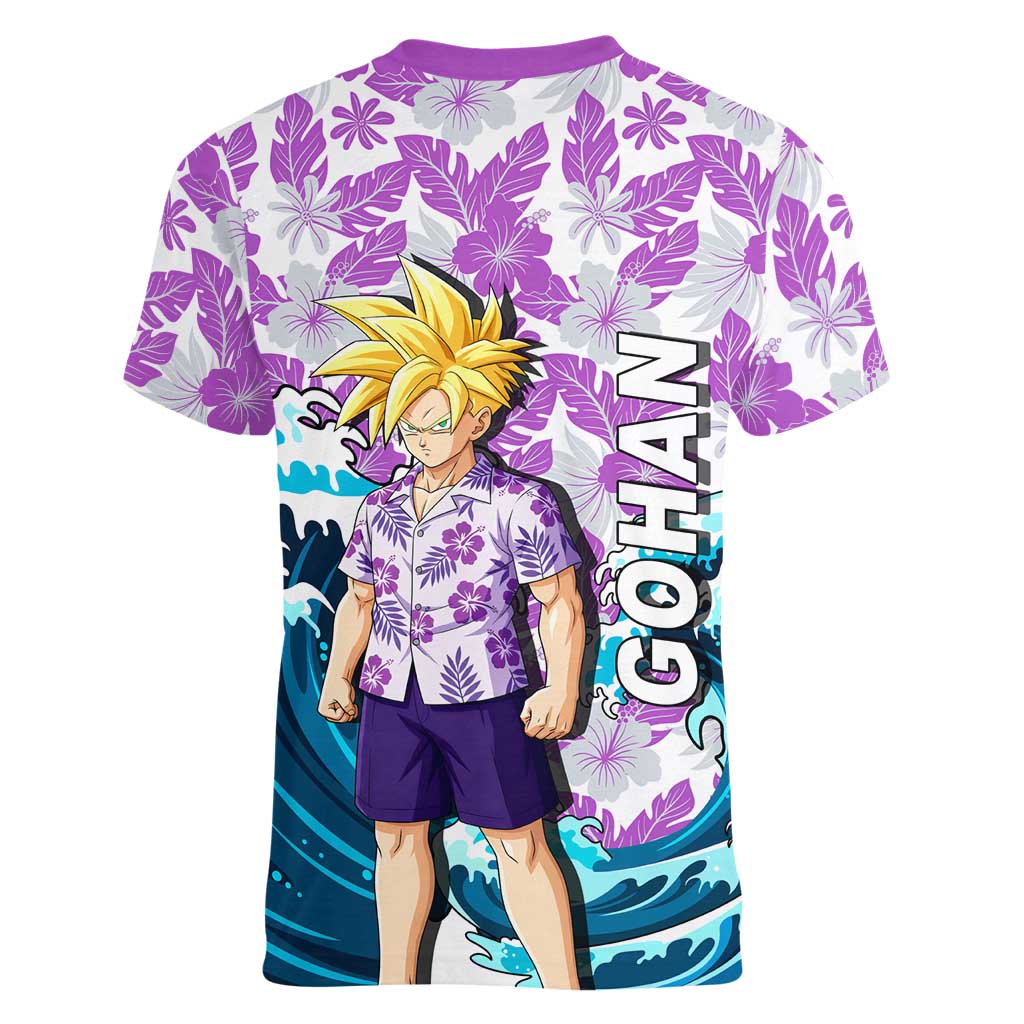 Gohan Dragon Ball Summer Theme Women V-Neck T-Shirt with Tropical Floral Shirt Shenron and Ocean Wave Background - The Mazicc