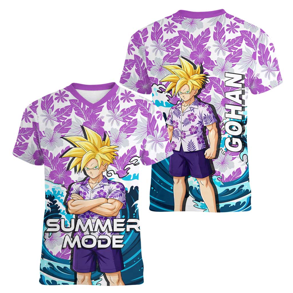 Gohan Dragon Ball Summer Theme Women V-Neck T-Shirt with Tropical Floral Shirt Shenron and Ocean Wave Background - The Mazicc
