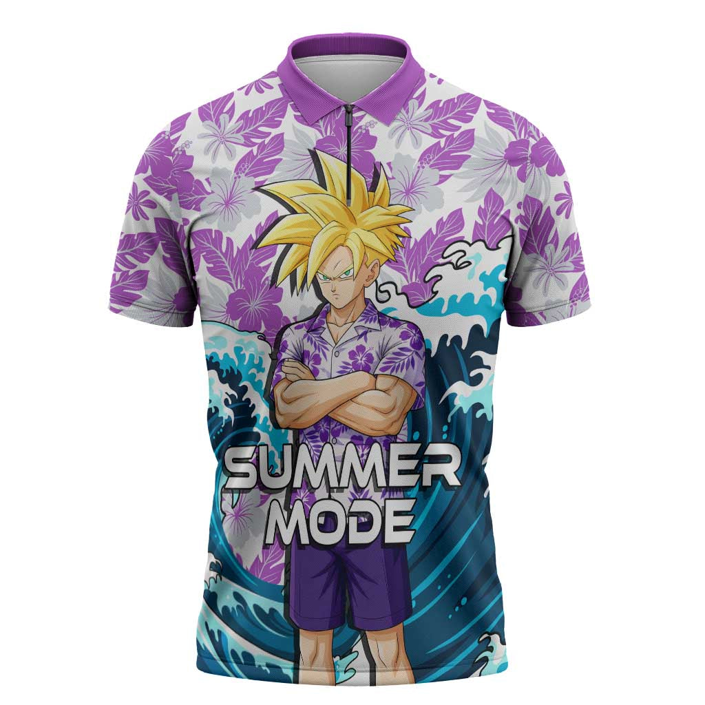 Gohan Dragon Ball Summer Theme Zipper Polo Shirt with Tropical Floral Shirt Shenron and Ocean Wave Background - The Mazicc