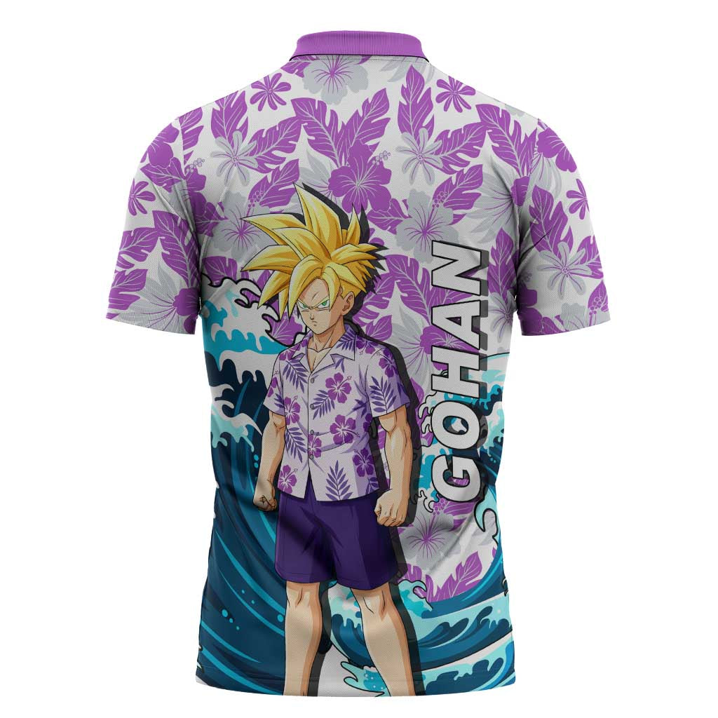 Gohan Dragon Ball Summer Theme Zipper Polo Shirt with Tropical Floral Shirt Shenron and Ocean Wave Background - The Mazicc