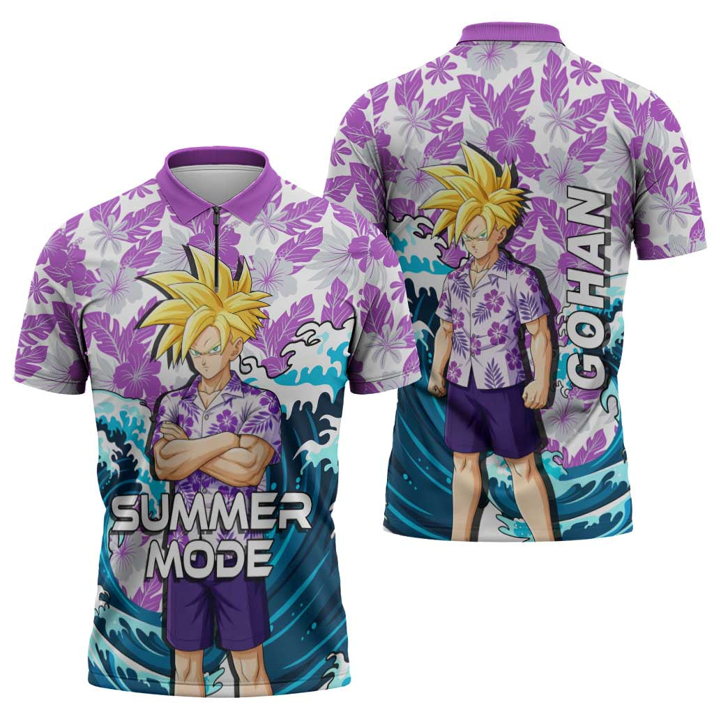 Gohan Dragon Ball Summer Theme Zipper Polo Shirt with Tropical Floral Shirt Shenron and Ocean Wave Background - The Mazicc