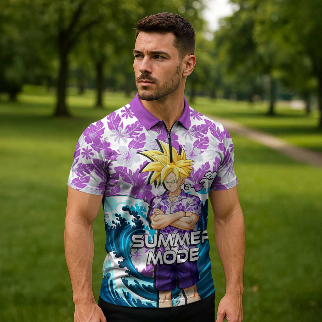 Gohan Dragon Ball Summer Theme Zipper Polo Shirt with Tropical Floral Shirt Shenron and Ocean Wave Background - The Mazicc
