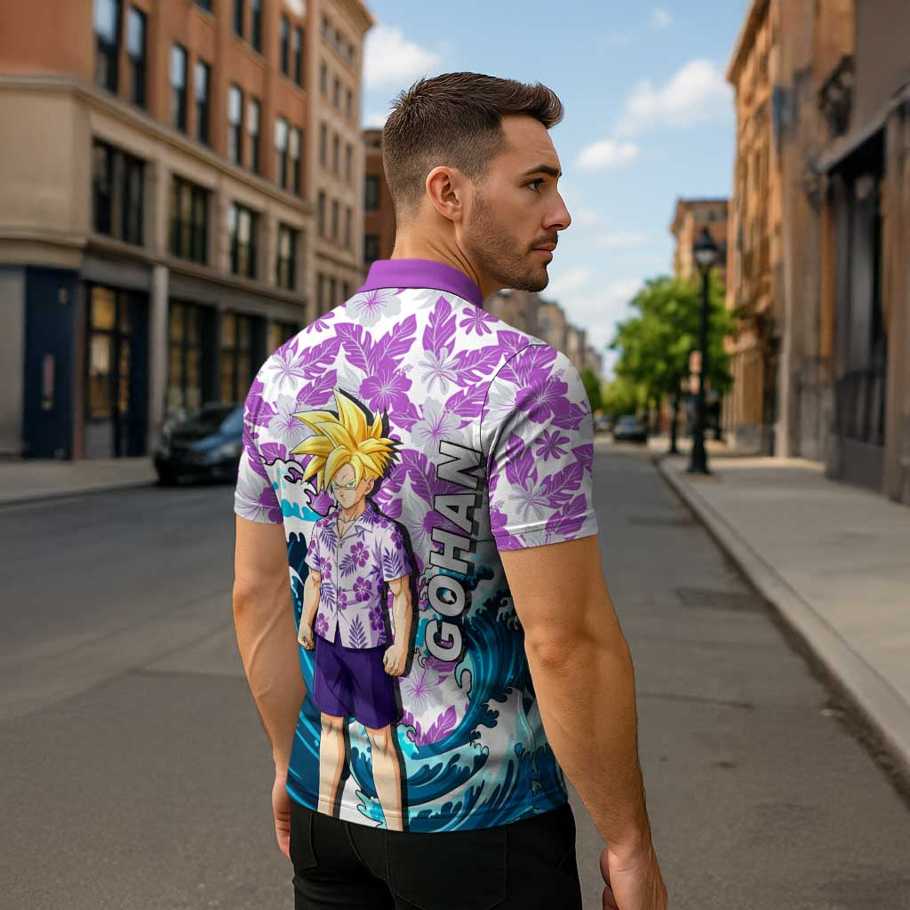 Gohan Dragon Ball Summer Theme Zipper Polo Shirt with Tropical Floral Shirt Shenron and Ocean Wave Background - The Mazicc