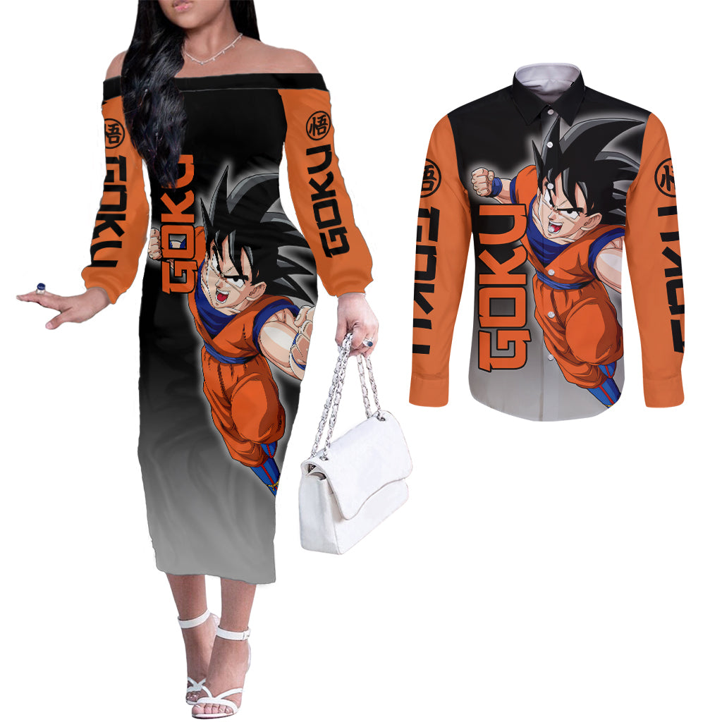 Z Goku Anime Dragon Ball Couples Matching Off The Shoulder Long Sleeve Dress and Long Sleeve Button Shirt