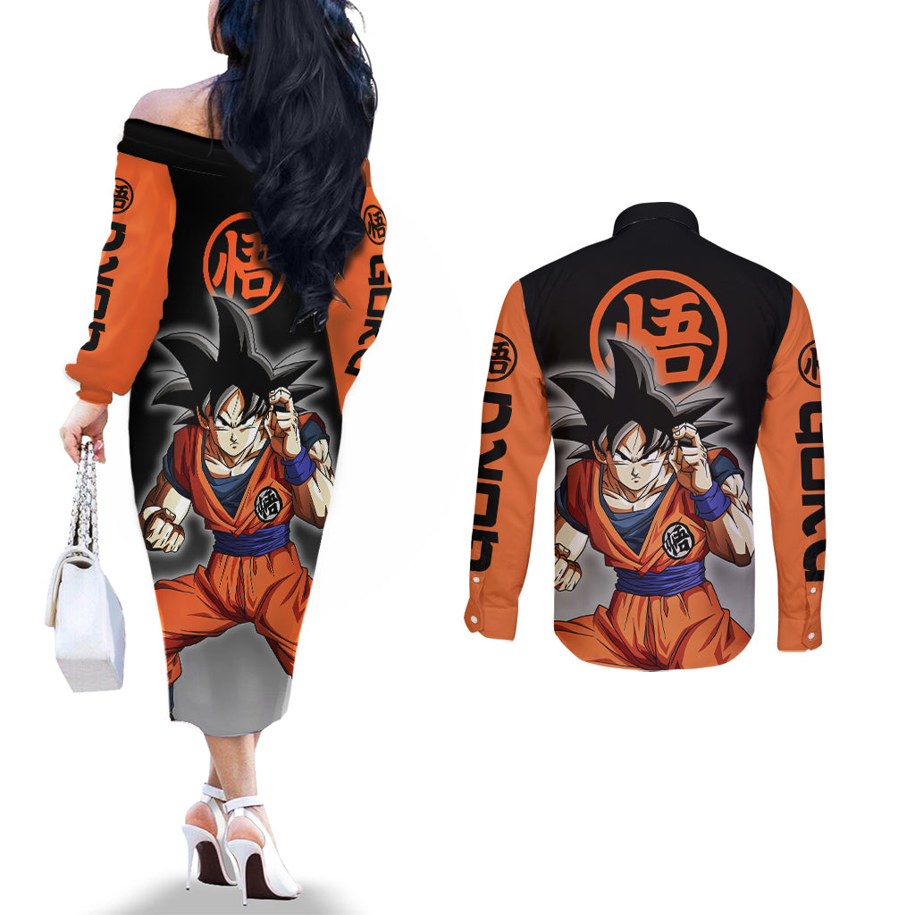 Z Goku Anime Dragon Ball Couples Matching Off The Shoulder Long Sleeve Dress and Long Sleeve Button Shirt