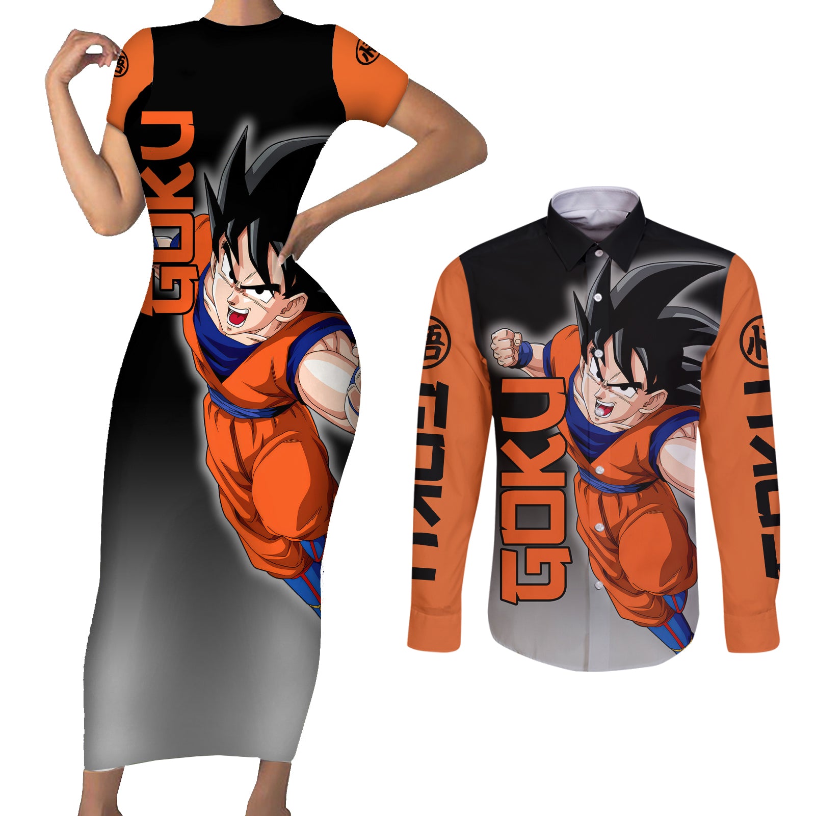 Z Goku Anime Dragon Ball Couples Matching Short Sleeve Bodycon Dress and Long Sleeve Button Shirt