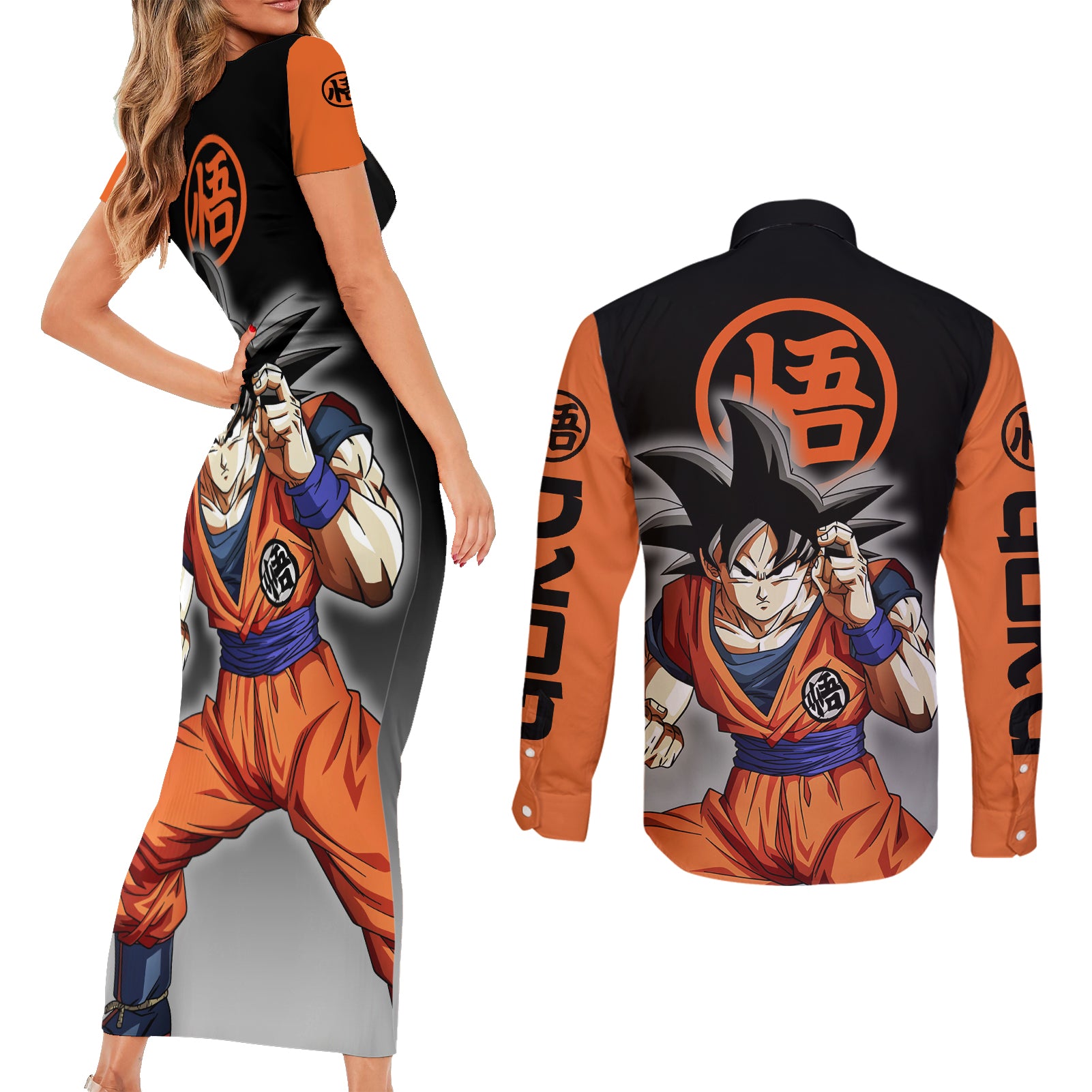 Z Goku Anime Dragon Ball Couples Matching Short Sleeve Bodycon Dress and Long Sleeve Button Shirt