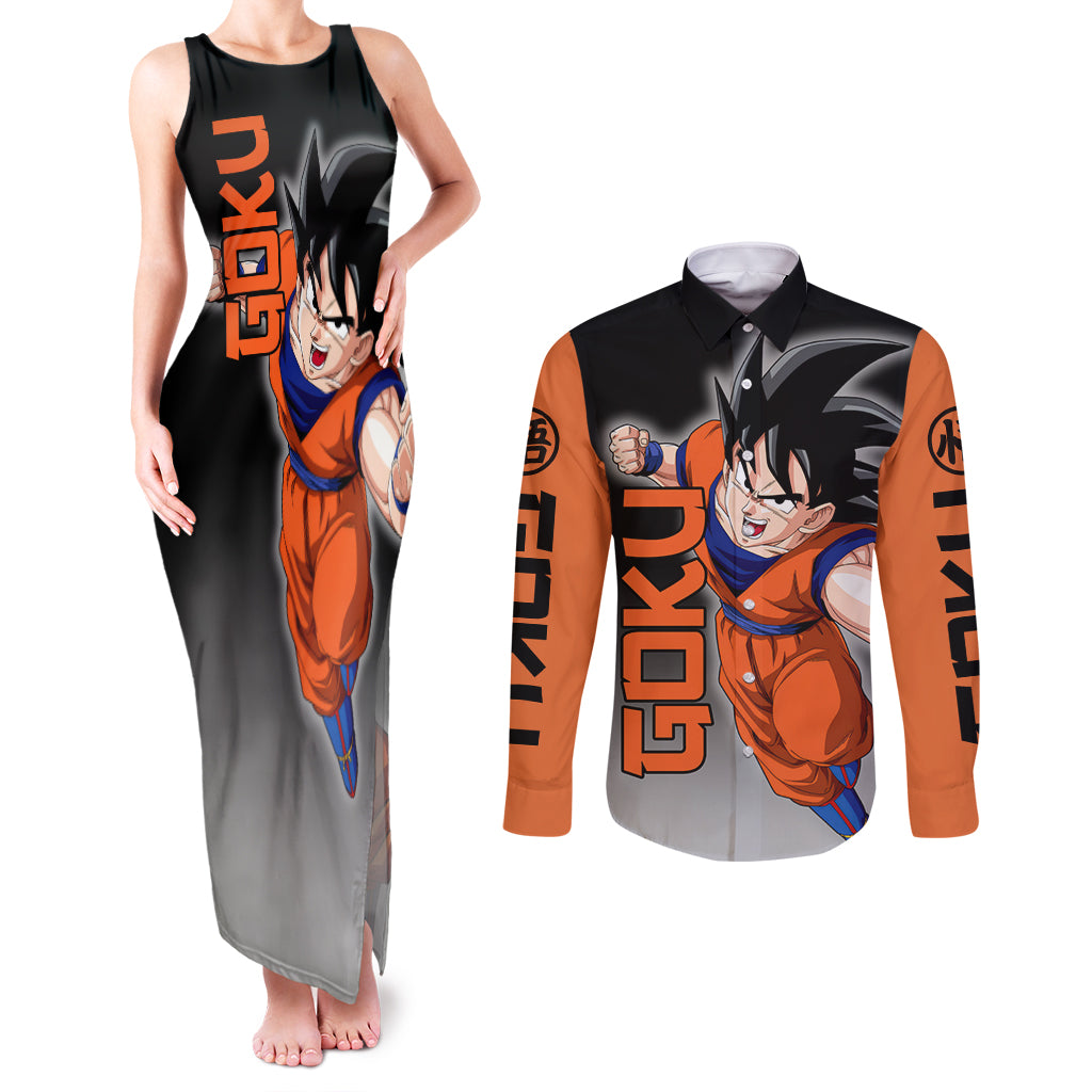 Z Goku Anime Dragon Ball Couples Matching Tank Maxi Dress and Long Sleeve Button Shirt