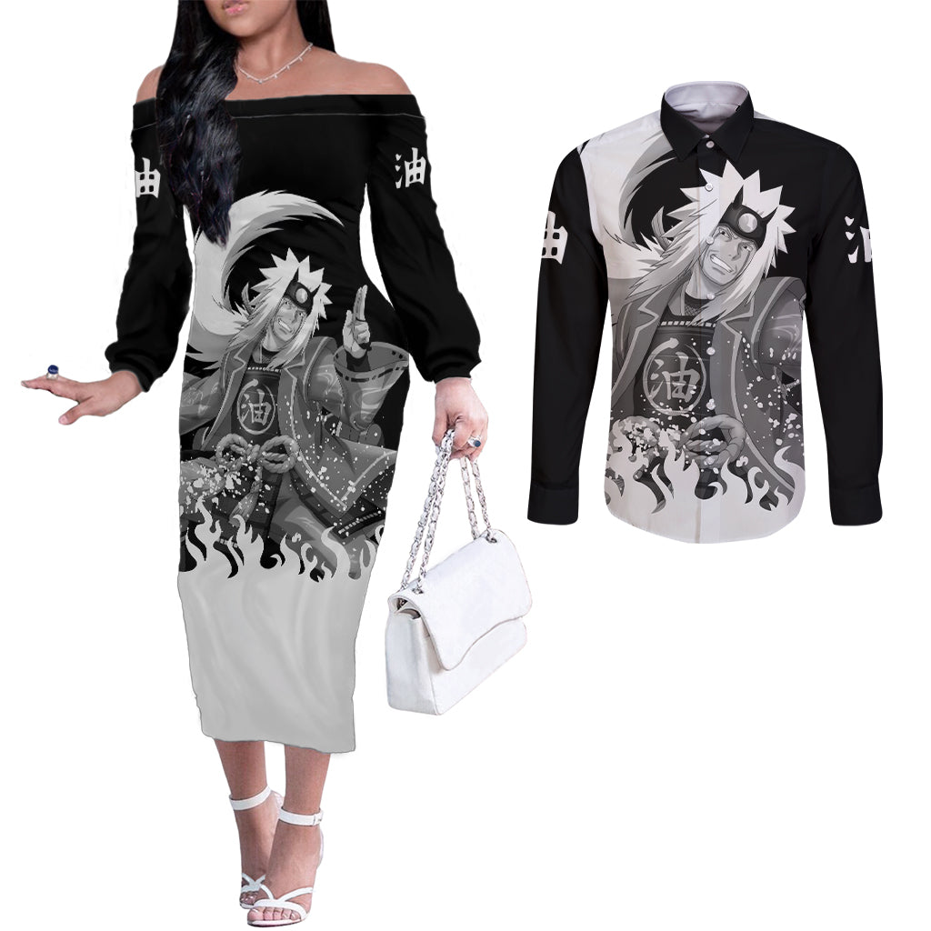 Jiraiya Anime Mixed Couples Matching Off The Shoulder Long Sleeve Dress and Long Sleeve Button Shirt