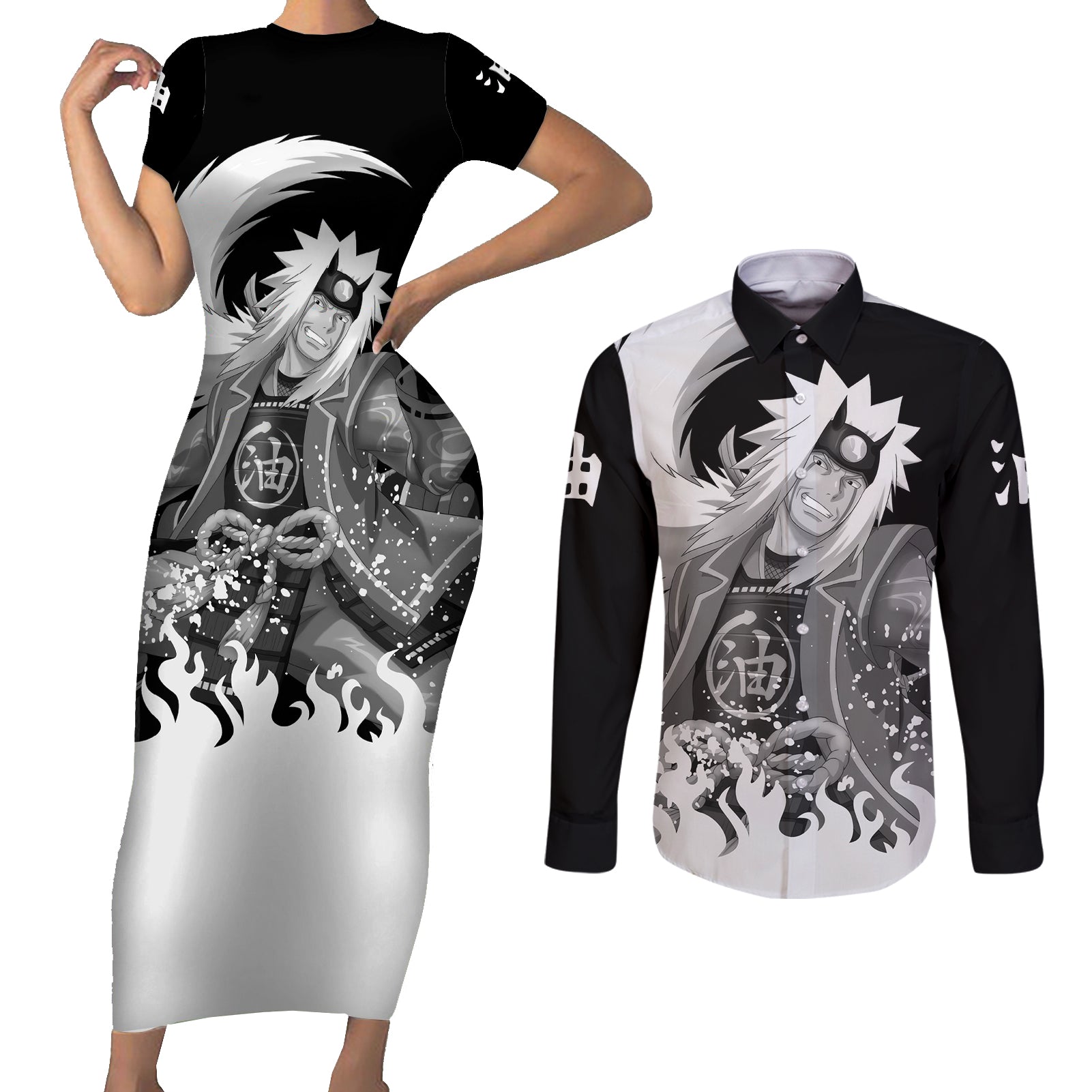 Jiraiya Anime Mixed Couples Matching Short Sleeve Bodycon Dress and Long Sleeve Button Shirt