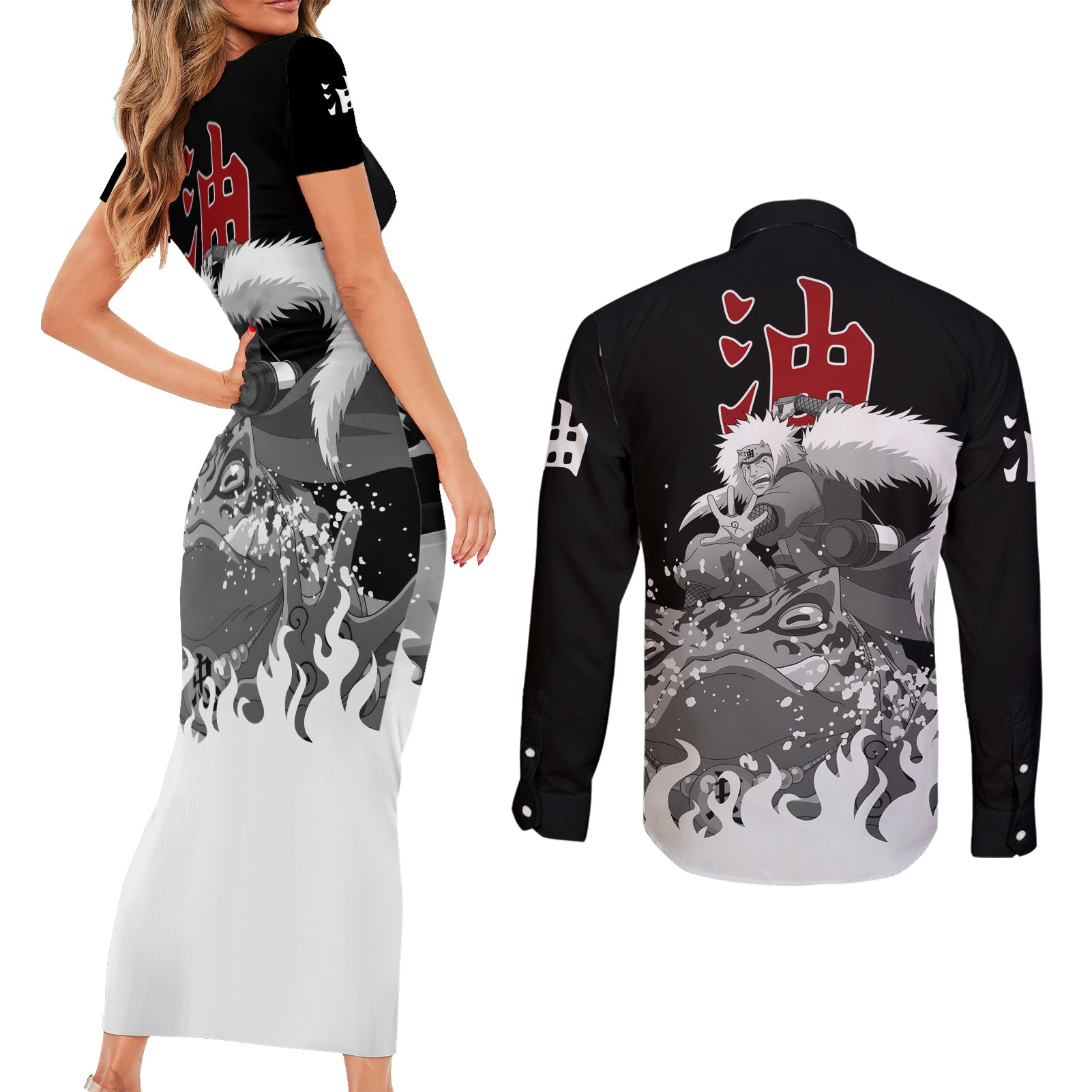 Jiraiya Anime Mixed Couples Matching Short Sleeve Bodycon Dress and Long Sleeve Button Shirt