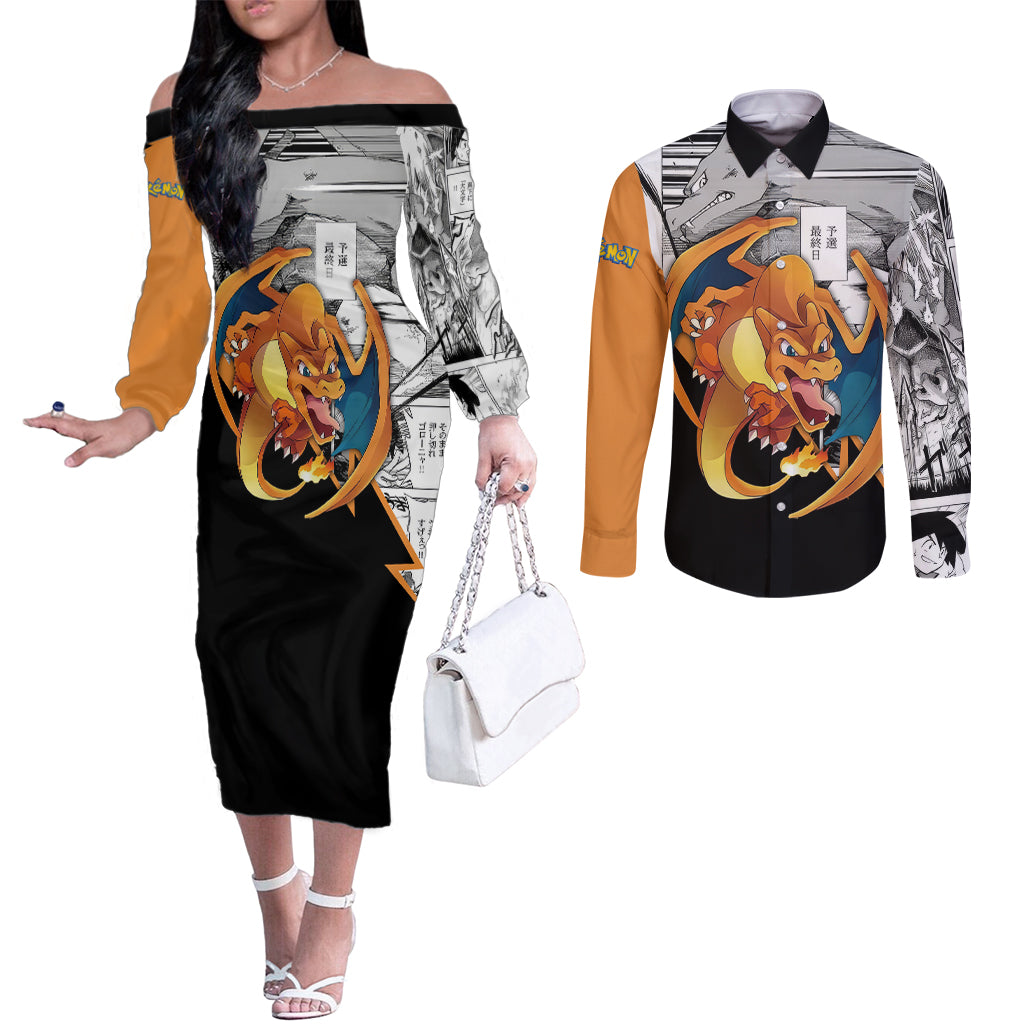 Charizard Mix Manga Couples Matching Off The Shoulder Long Sleeve Dress and Long Sleeve Button Shirt
