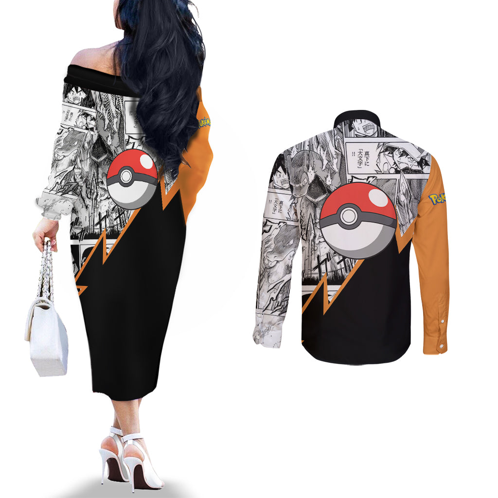 Charizard Mix Manga Couples Matching Off The Shoulder Long Sleeve Dress and Long Sleeve Button Shirt
