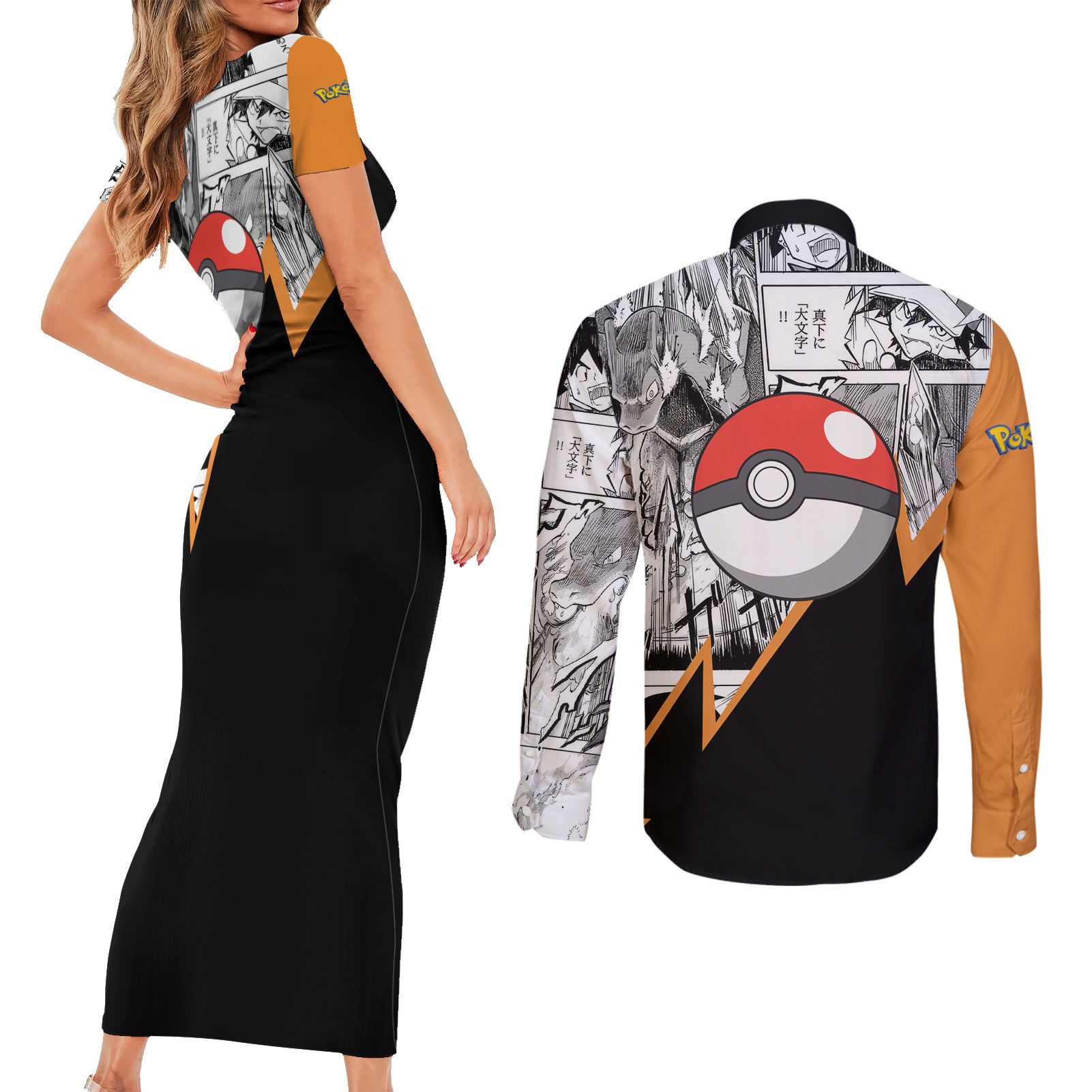 Charizard Mix Manga Couples Matching Short Sleeve Bodycon Dress and Long Sleeve Button Shirt