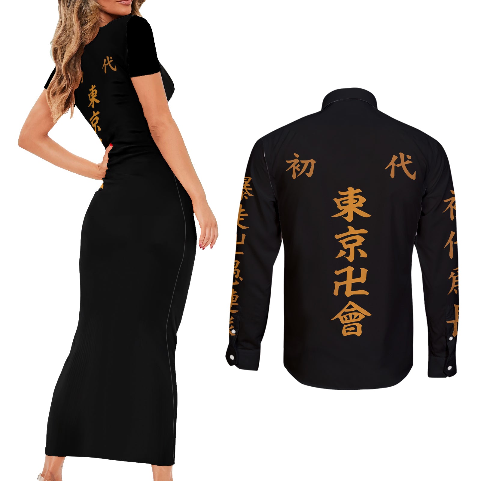 Tokyo Manjikai Couples Matching Short Sleeve Bodycon Dress and Long Sleeve Button Shirt