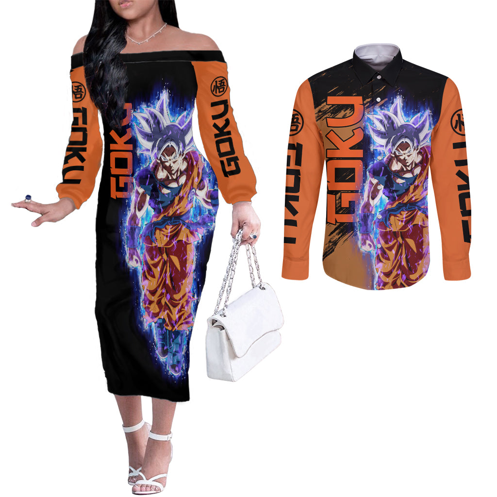 Goku Ultra Instinct Couples Matching Off The Shoulder Long Sleeve Dress and Long Sleeve Button Shirt