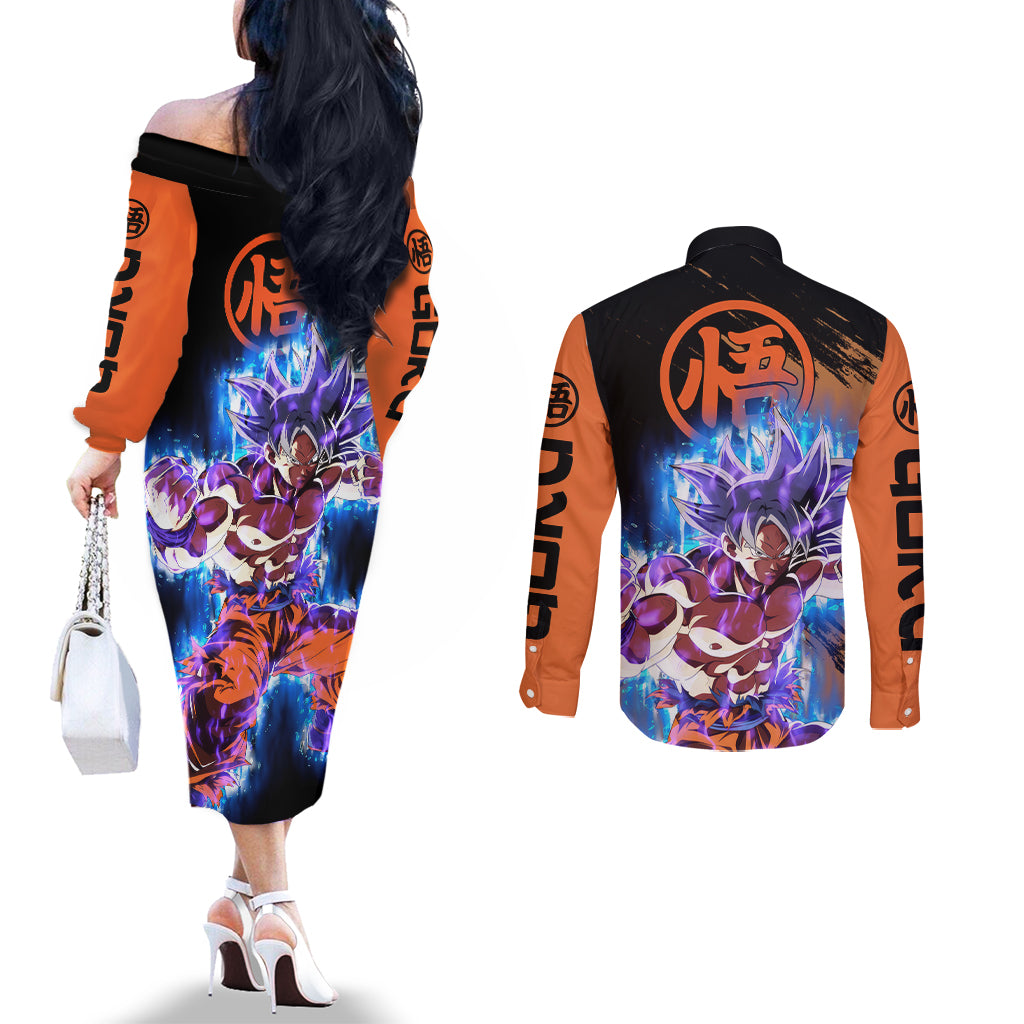 Goku Ultra Instinct Couples Matching Off The Shoulder Long Sleeve Dress and Long Sleeve Button Shirt