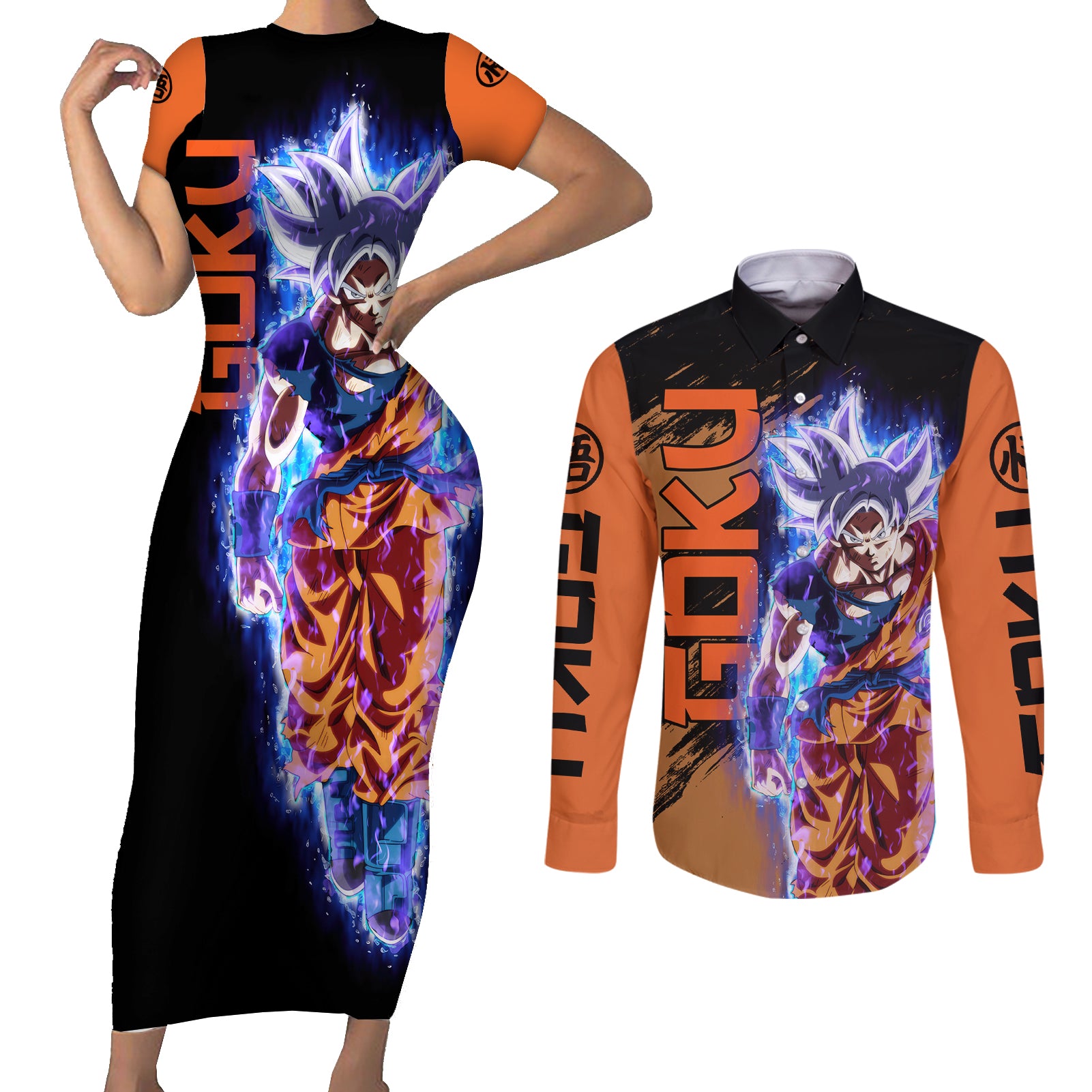 Goku Ultra Instinct Couples Matching Short Sleeve Bodycon Dress and Long Sleeve Button Shirt