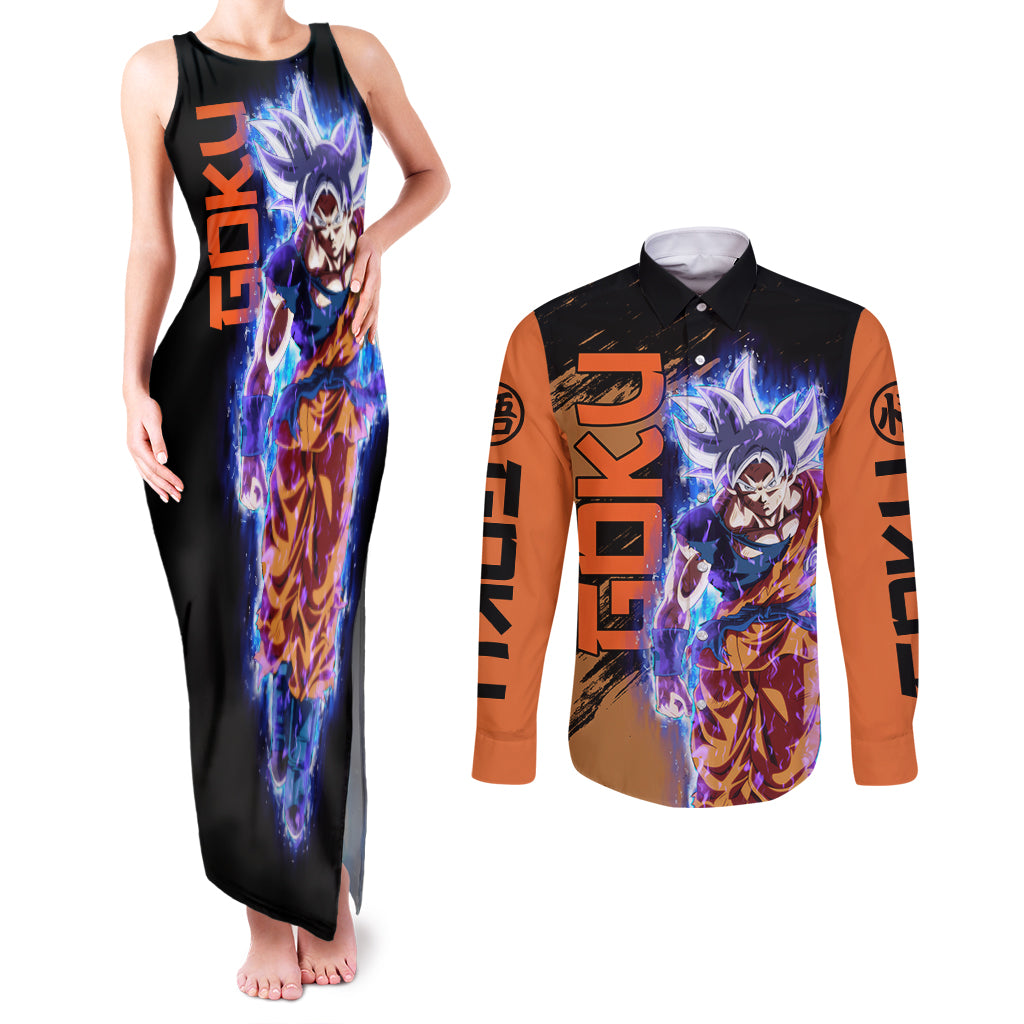 Goku Ultra Instinct Couples Matching Tank Maxi Dress and Long Sleeve Button Shirt