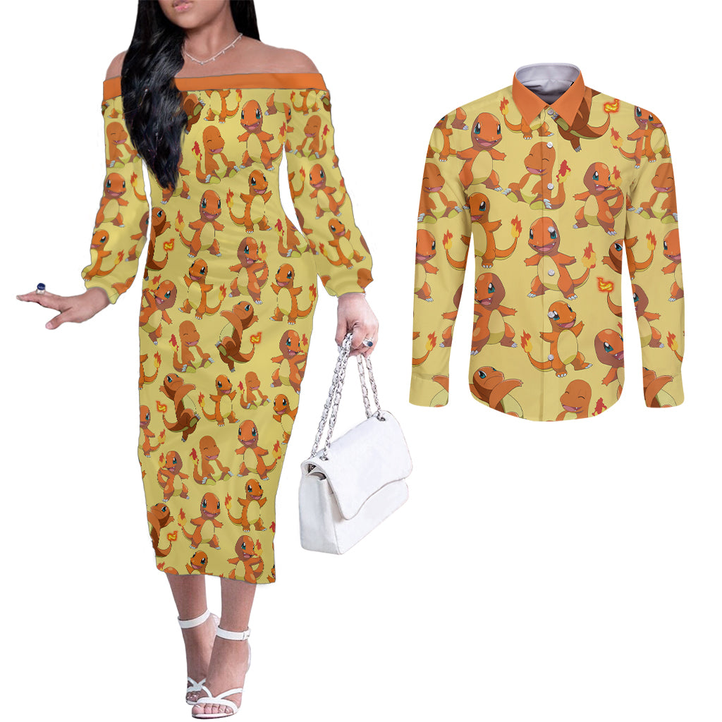 Charmander Pattern Style Couples Matching Off The Shoulder Long Sleeve Dress and Long Sleeve Button Shirt