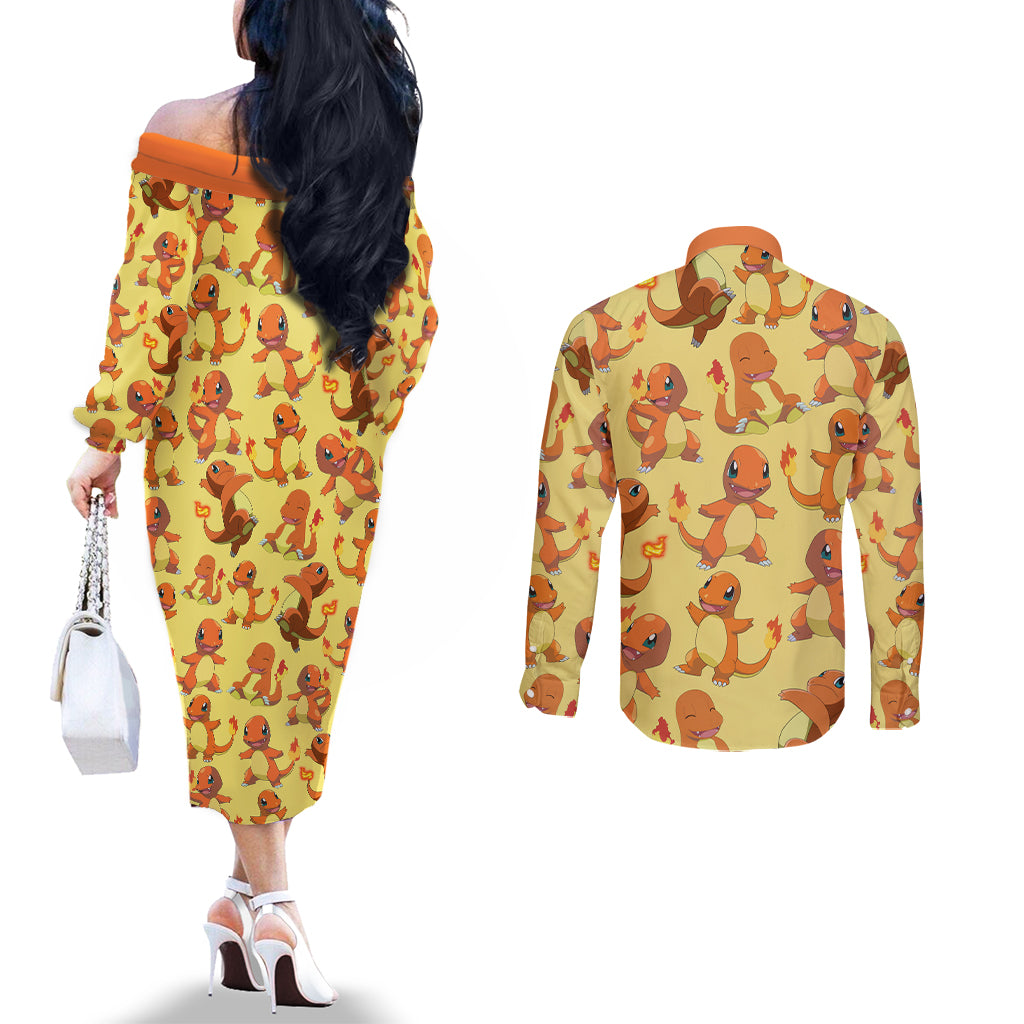 Charmander Pattern Style Couples Matching Off The Shoulder Long Sleeve Dress and Long Sleeve Button Shirt