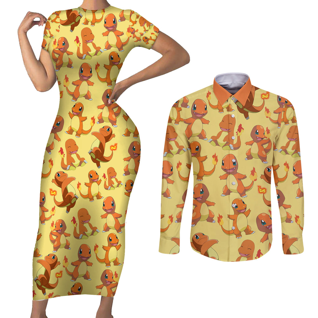 Charmander Pattern Style Couples Matching Short Sleeve Bodycon Dress and Long Sleeve Button Shirt