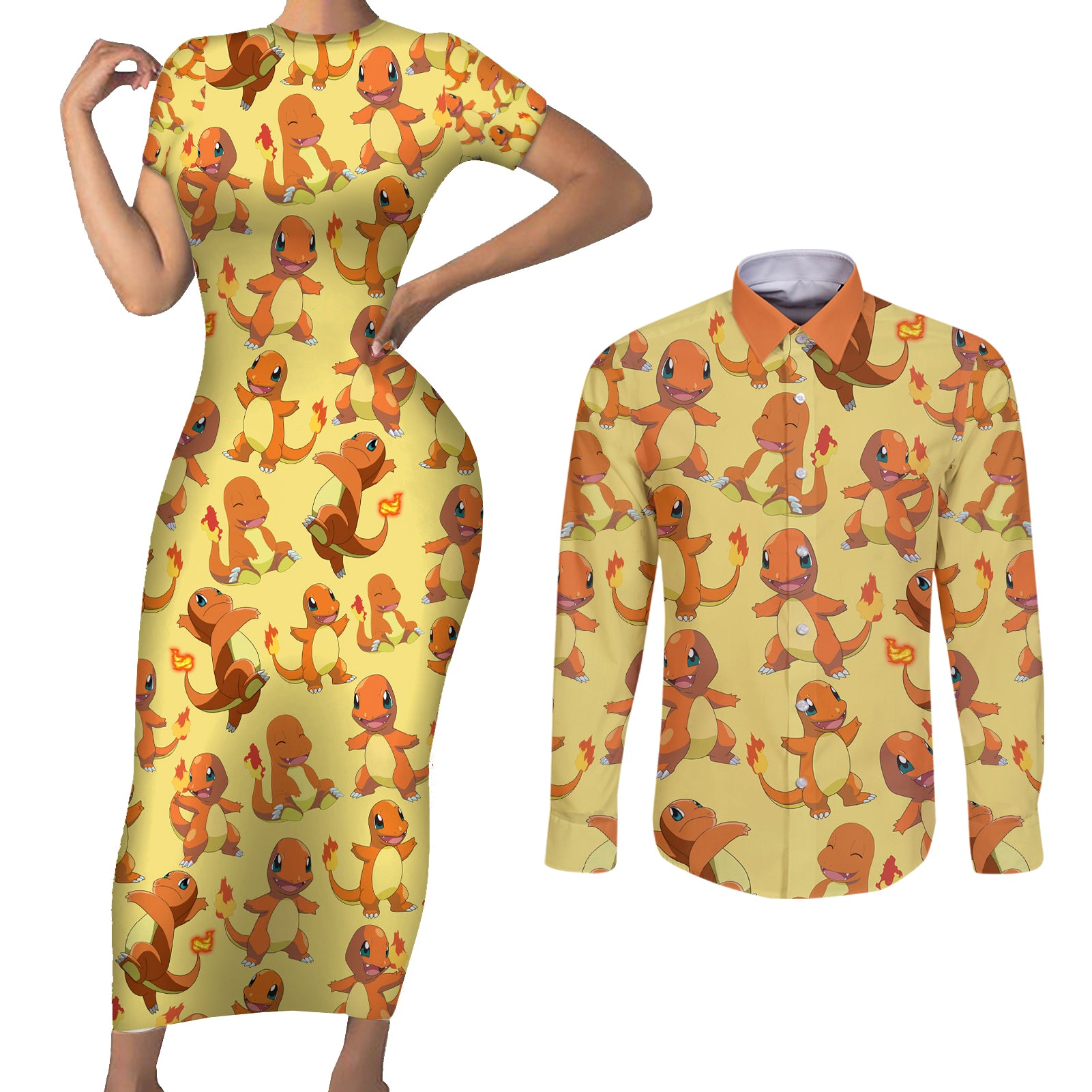 Charmander Pattern Style Couples Matching Short Sleeve Bodycon Dress and Long Sleeve Button Shirt