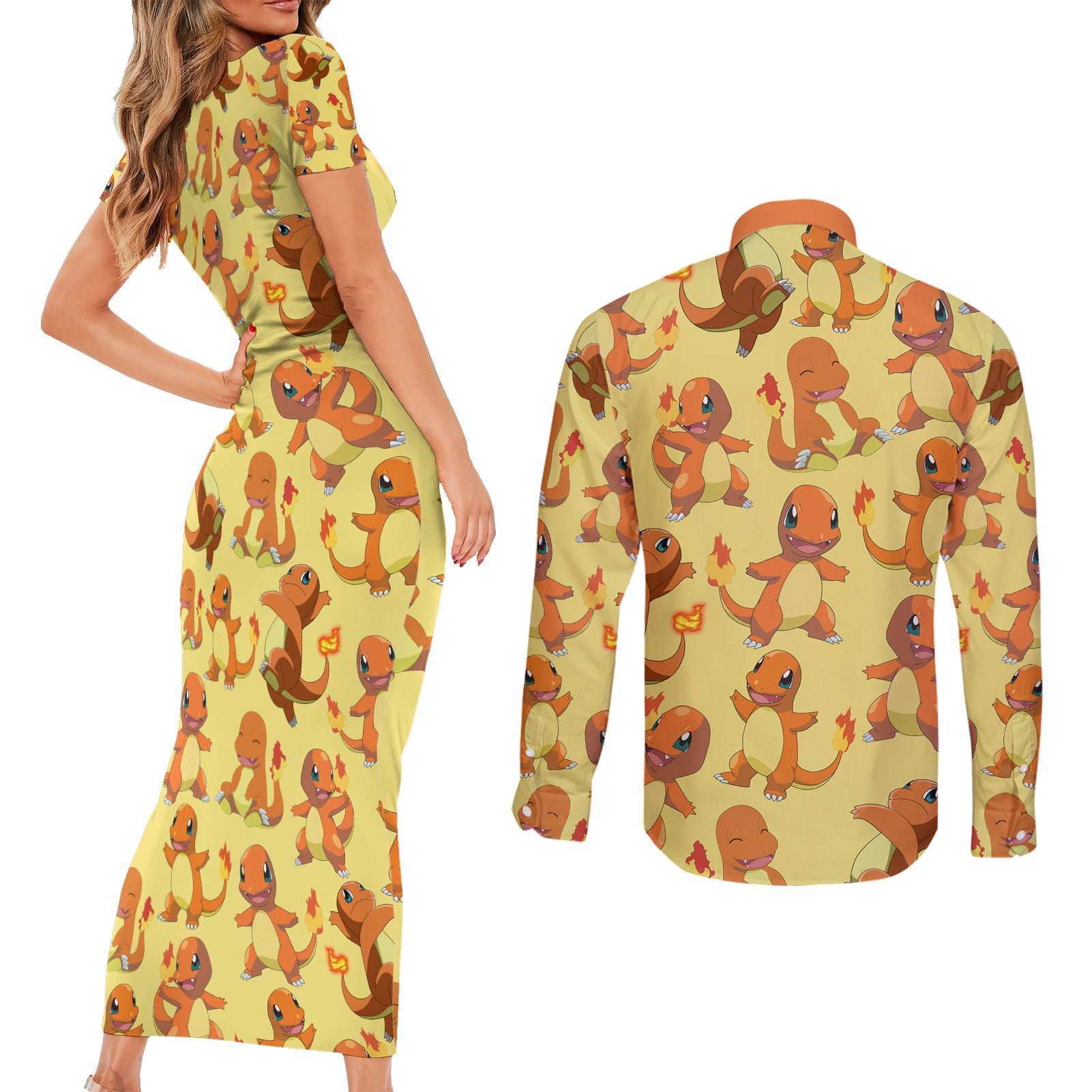 Charmander Pattern Style Couples Matching Short Sleeve Bodycon Dress and Long Sleeve Button Shirt