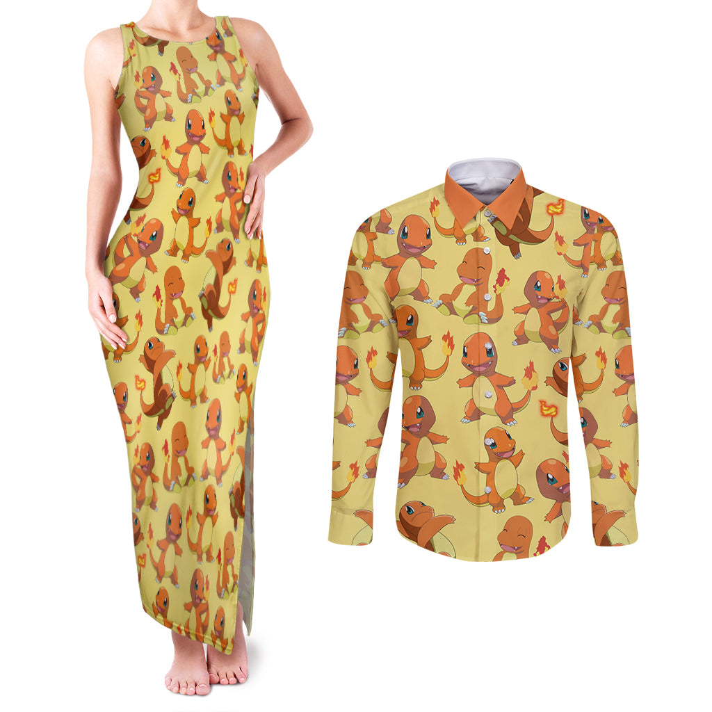 Charmander Pattern Style Couples Matching Tank Maxi Dress and Long Sleeve Button Shirt
