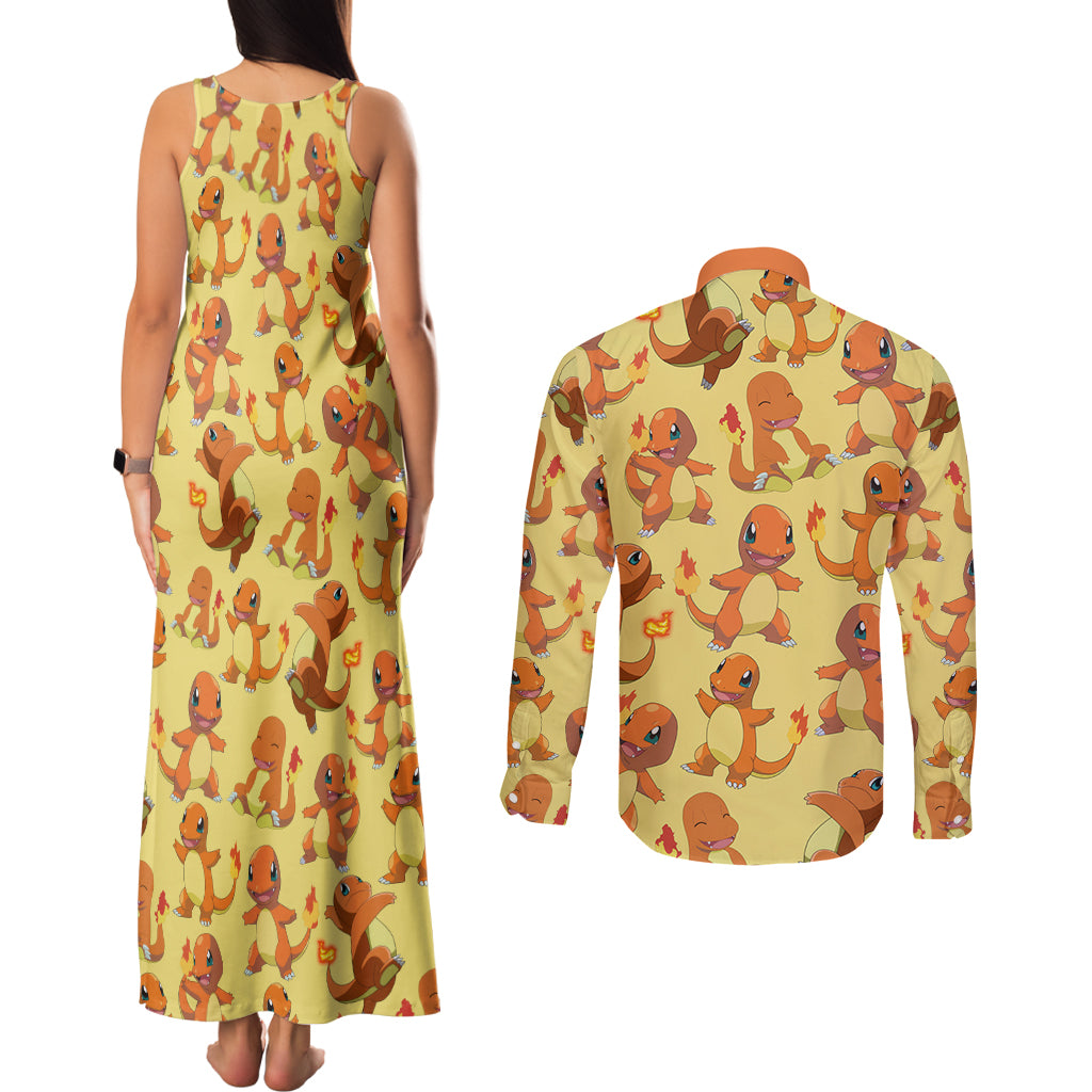 Charmander Pattern Style Couples Matching Tank Maxi Dress and Long Sleeve Button Shirt