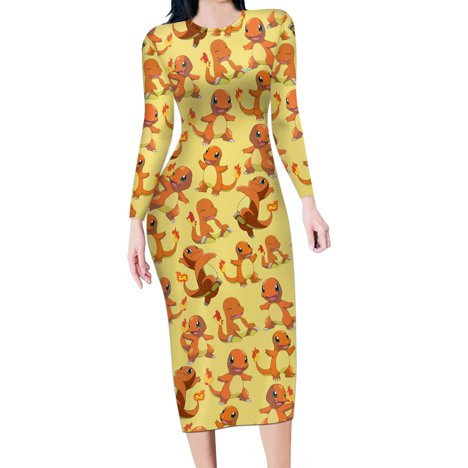 Charmander Pattern Style Long Sleeve Bodycon Dress