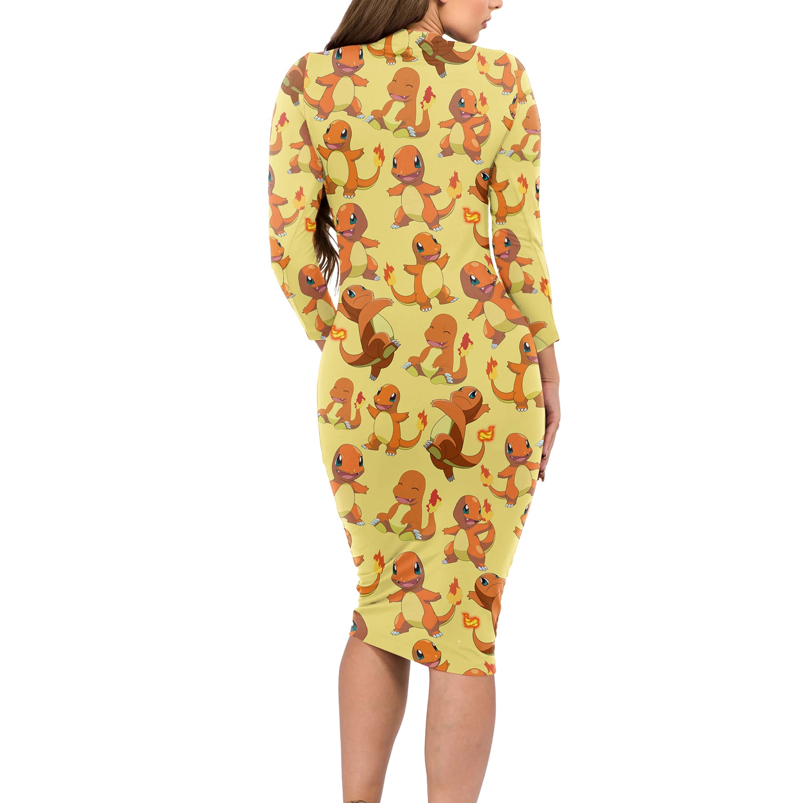 Charmander Pattern Style Long Sleeve Bodycon Dress