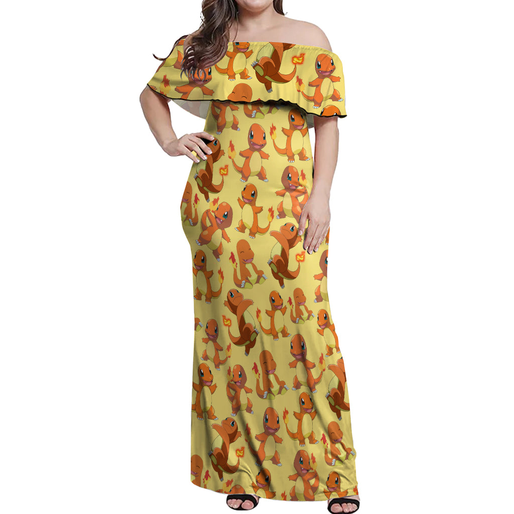Charmander Pattern Style Off Shoulder Maxi Dress