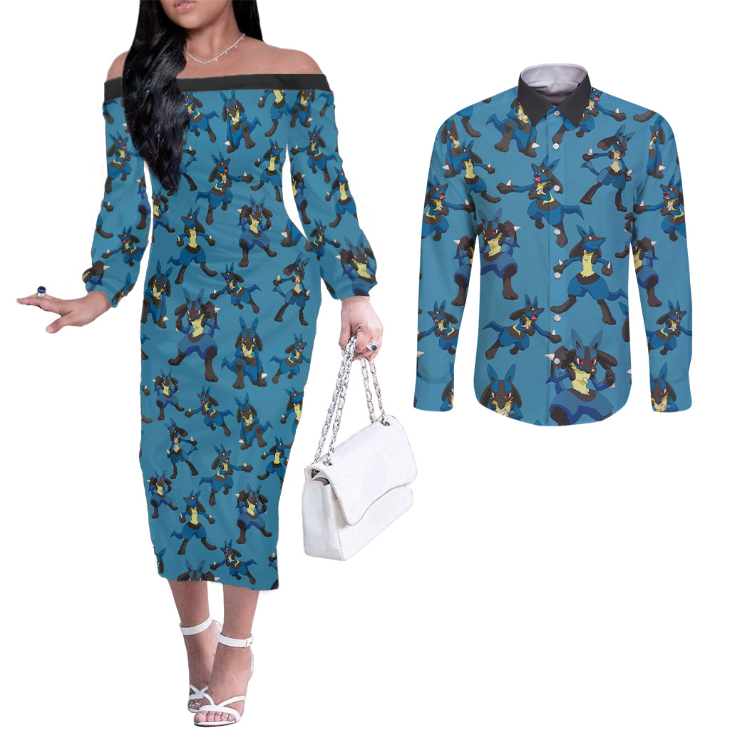 Lucario Pattern Style Couples Matching Off The Shoulder Long Sleeve Dress and Long Sleeve Button Shirt