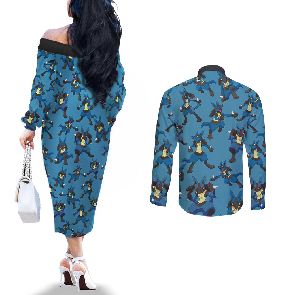 Lucario Pattern Style Couples Matching Off The Shoulder Long Sleeve Dress and Long Sleeve Button Shirt