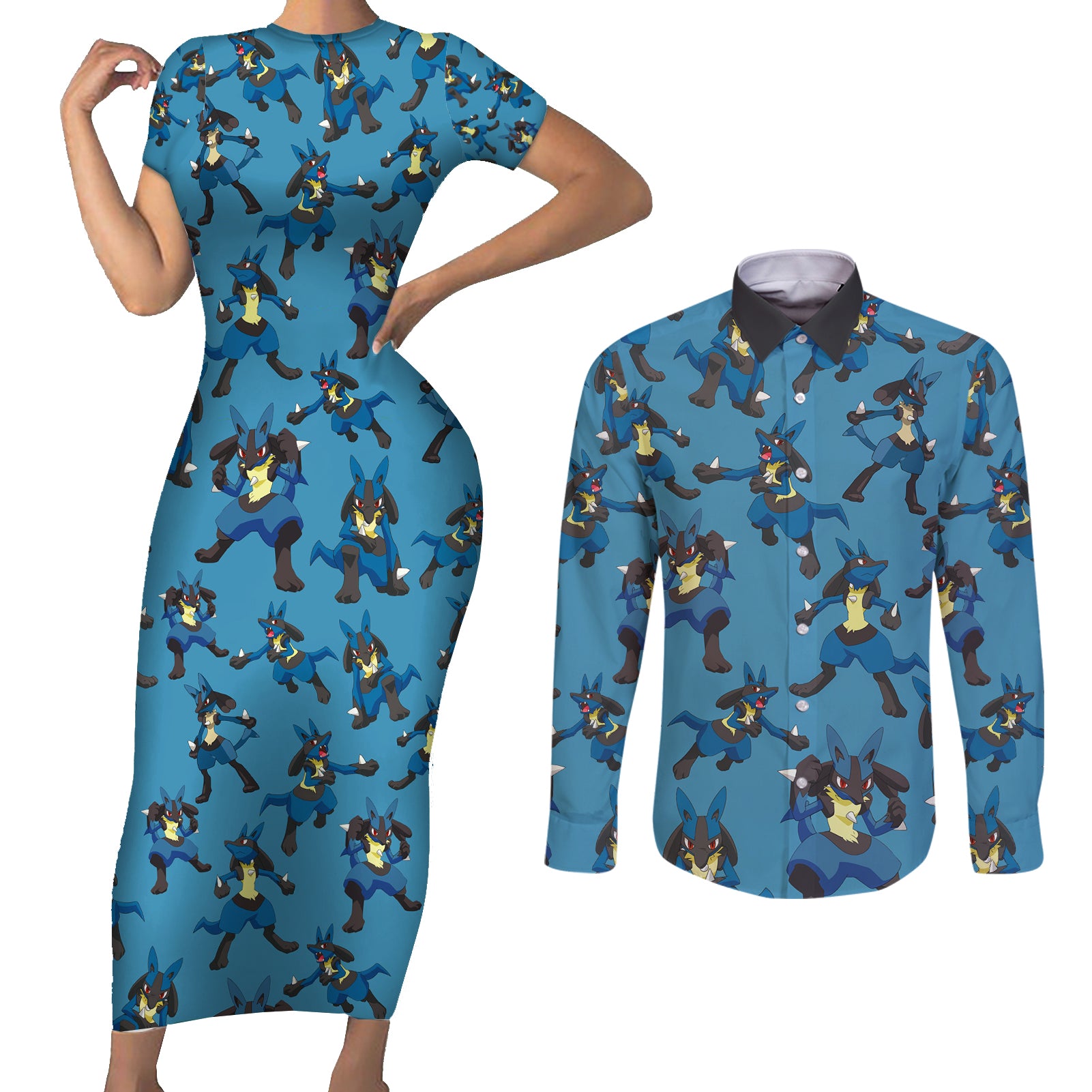 Lucario Pattern Style Couples Matching Short Sleeve Bodycon Dress and Long Sleeve Button Shirt